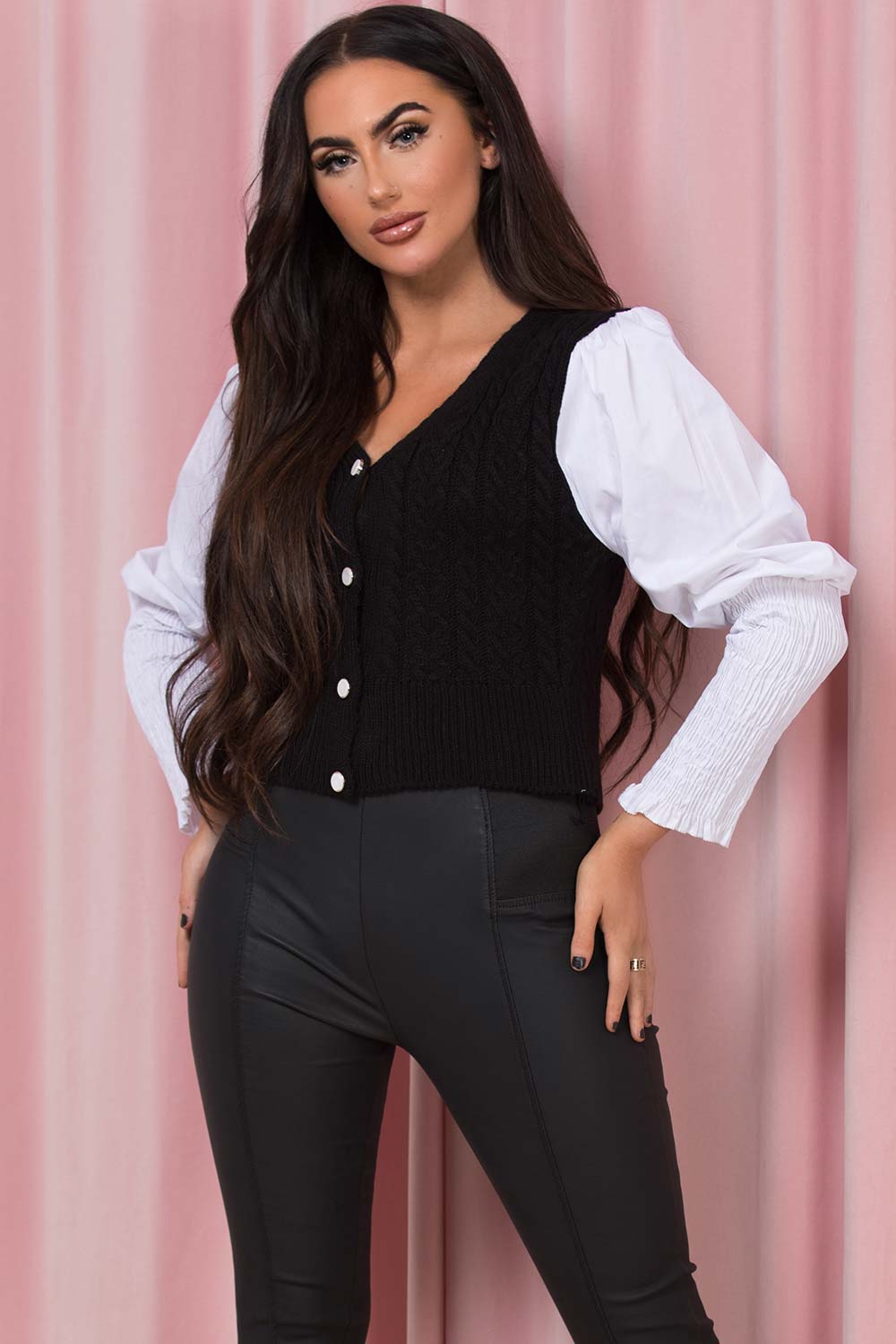 puff sleeve knitted cardigan top black and white