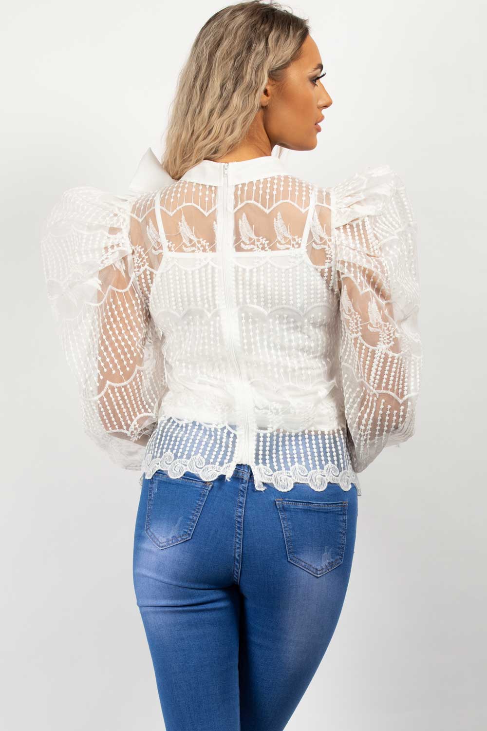 sheer lace puff sleeve blouse white