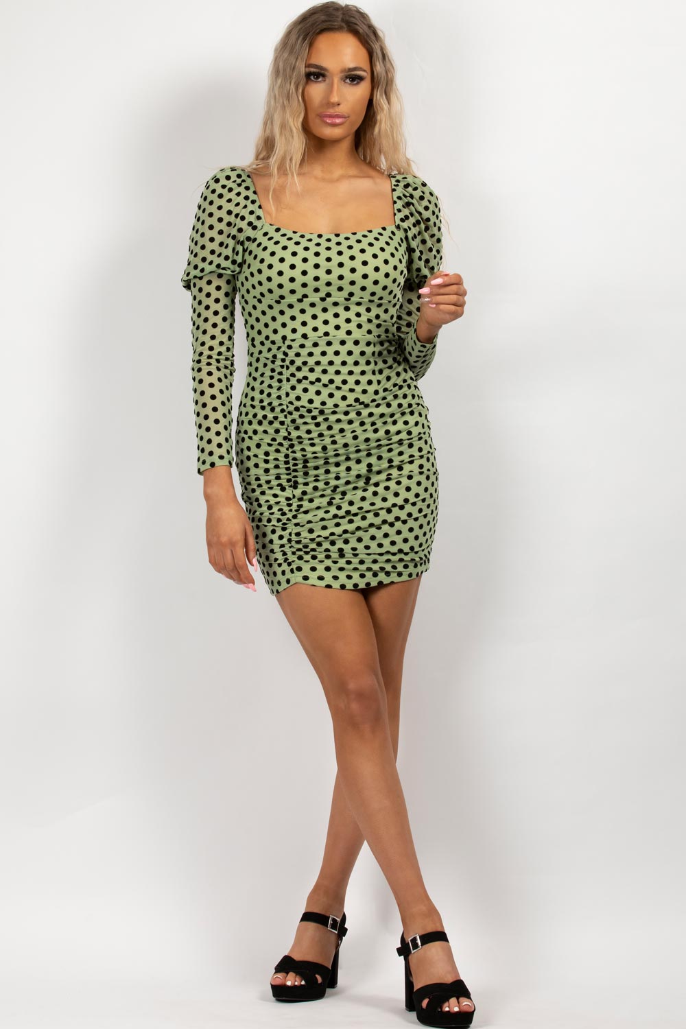 puff sleeve polka dot ruched mini dress styledup fashion