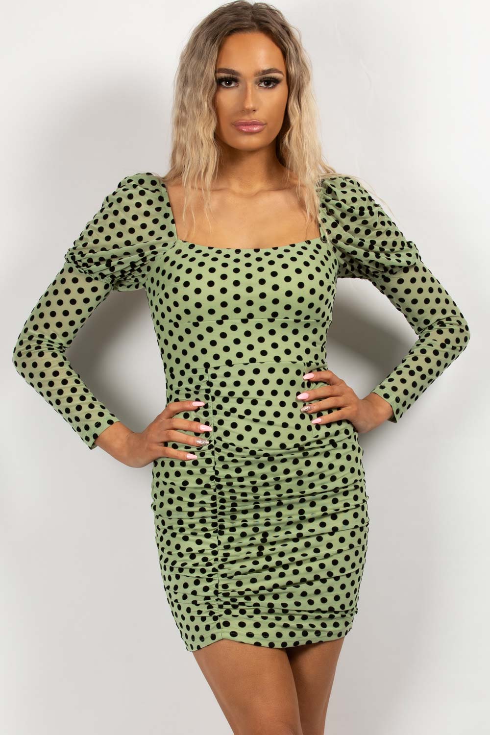 polka dot long puff sleeve mini dress