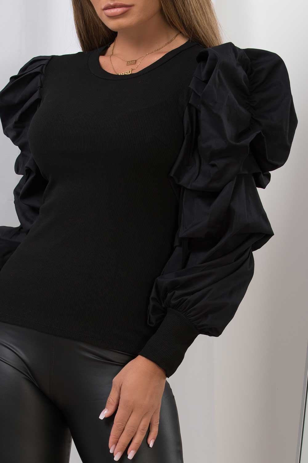 womens black long ruched puff sleeve ribbed top uk