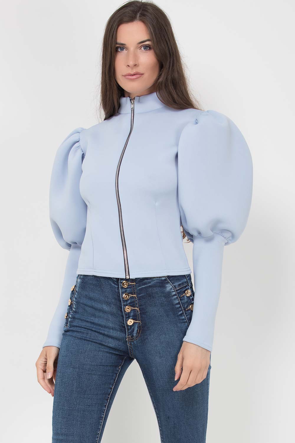 sky blue puff sleeve zip up jacket