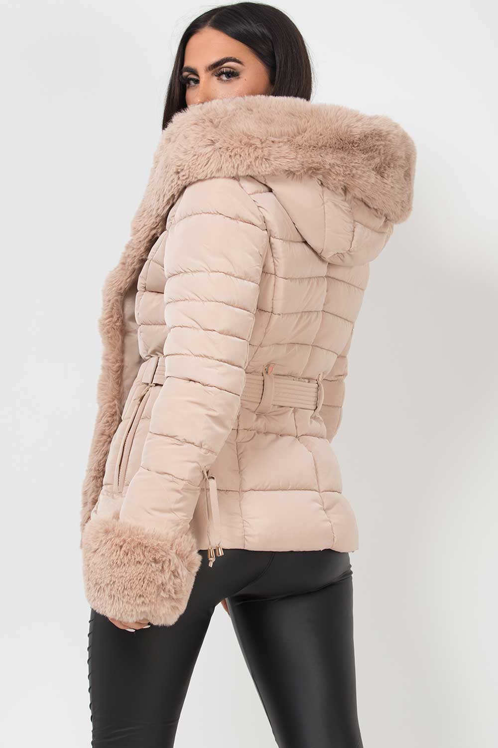 faux fur trim down coat beige