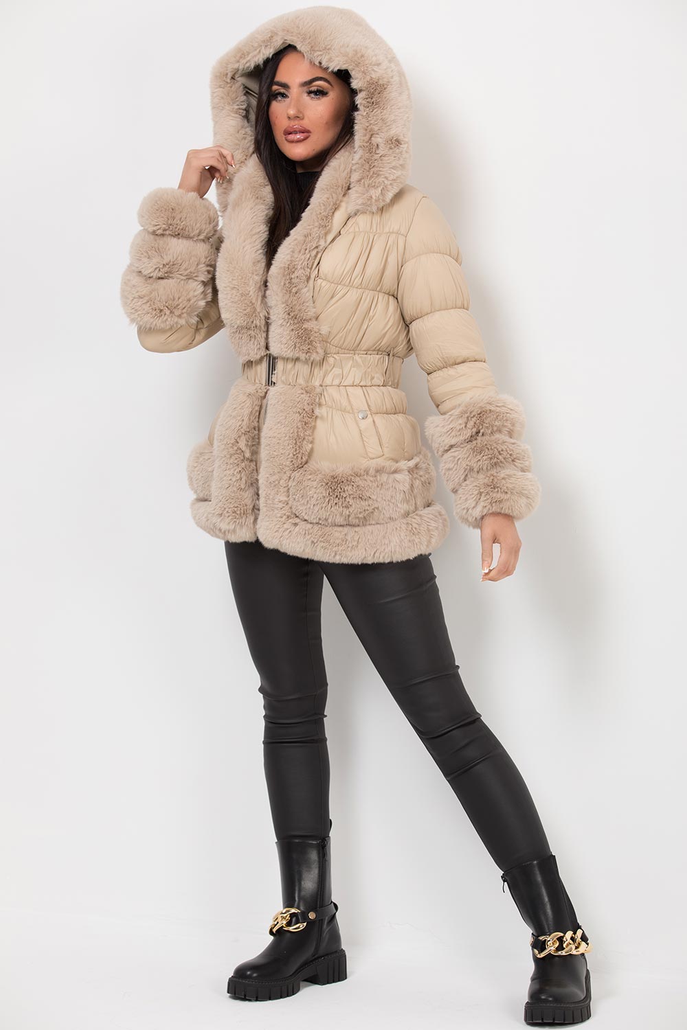 faux fur hood puffer down jacket beige