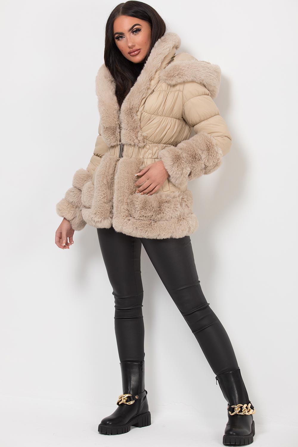 fur hood and trim puffer down jacket