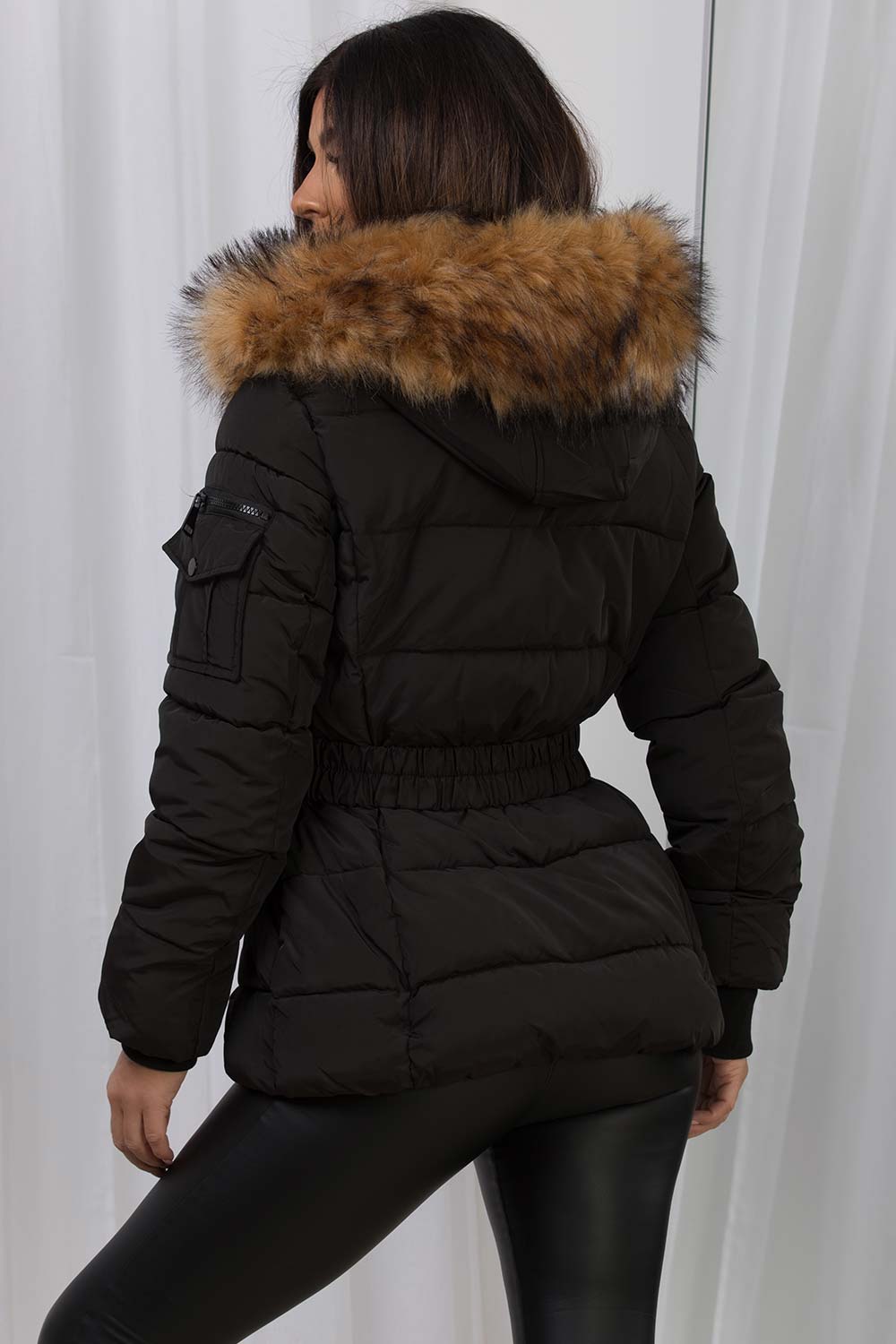 womens fur hood puffer jacket with belt