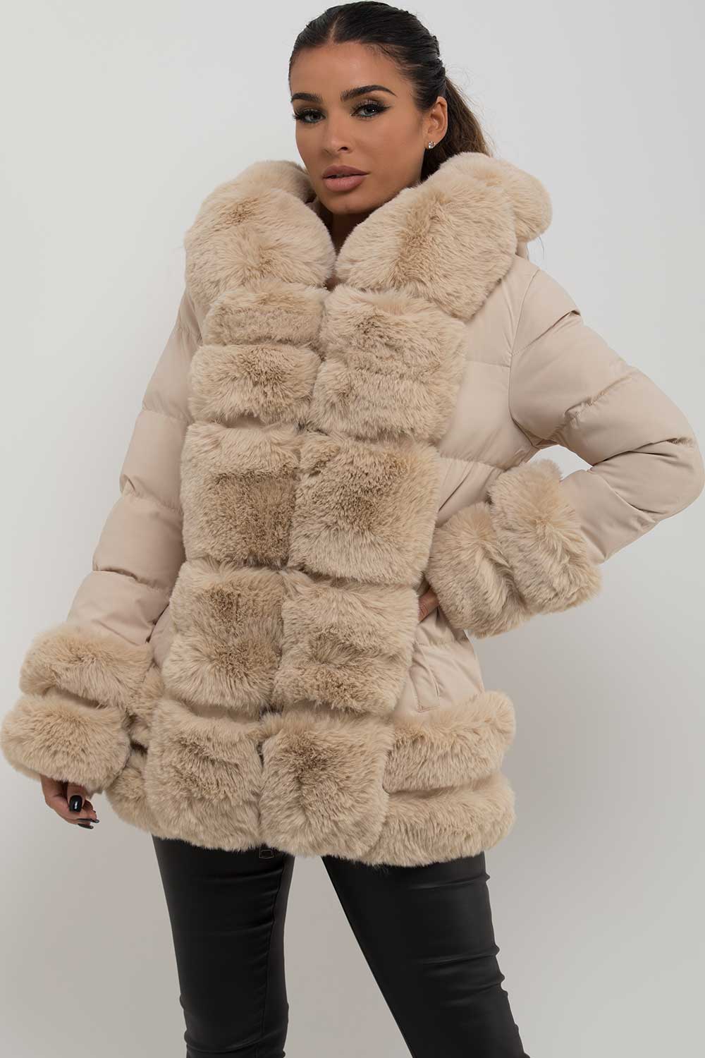 womens fur hood puffer jacket with belt