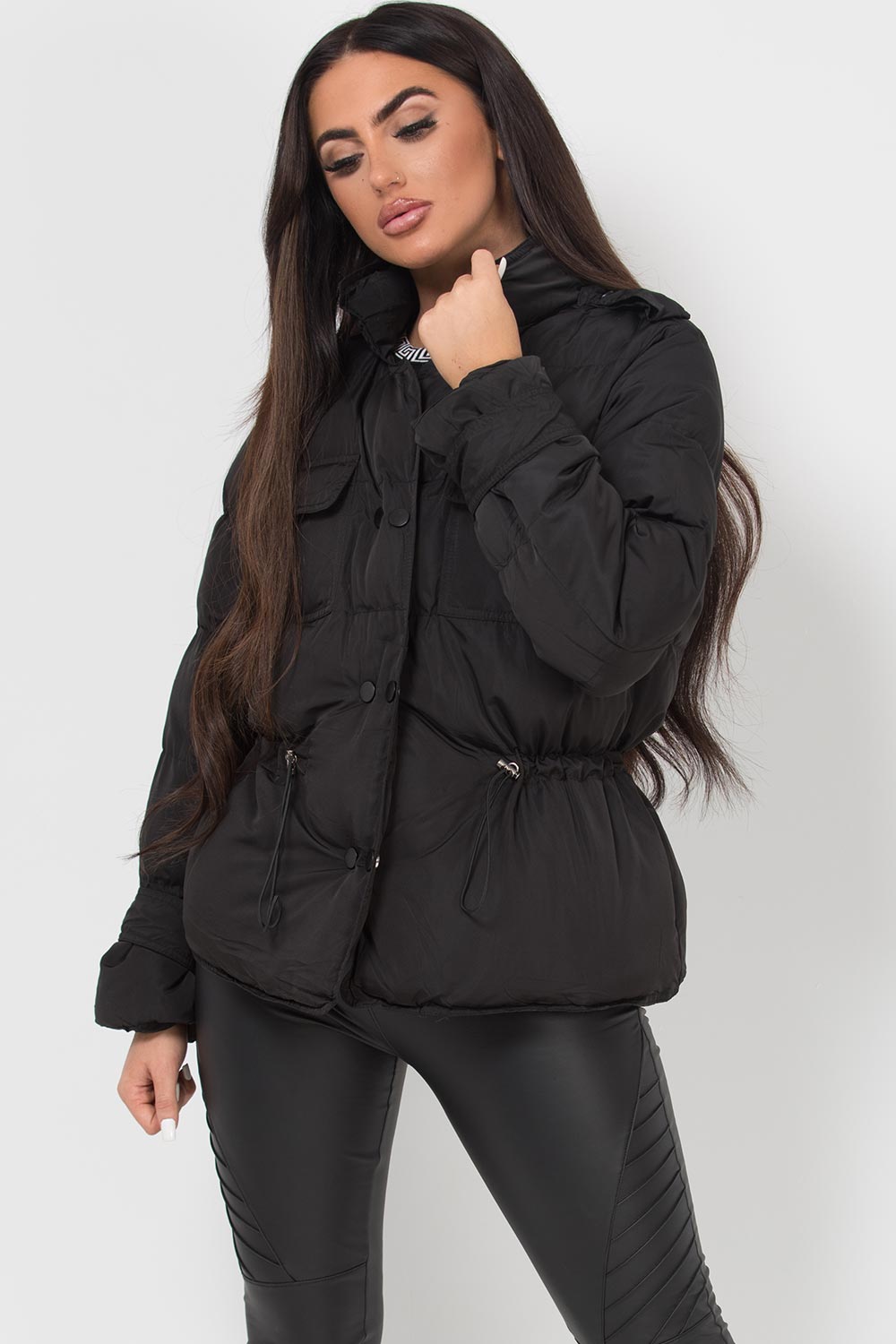 short puffer jacket with elasticated drawstring waist