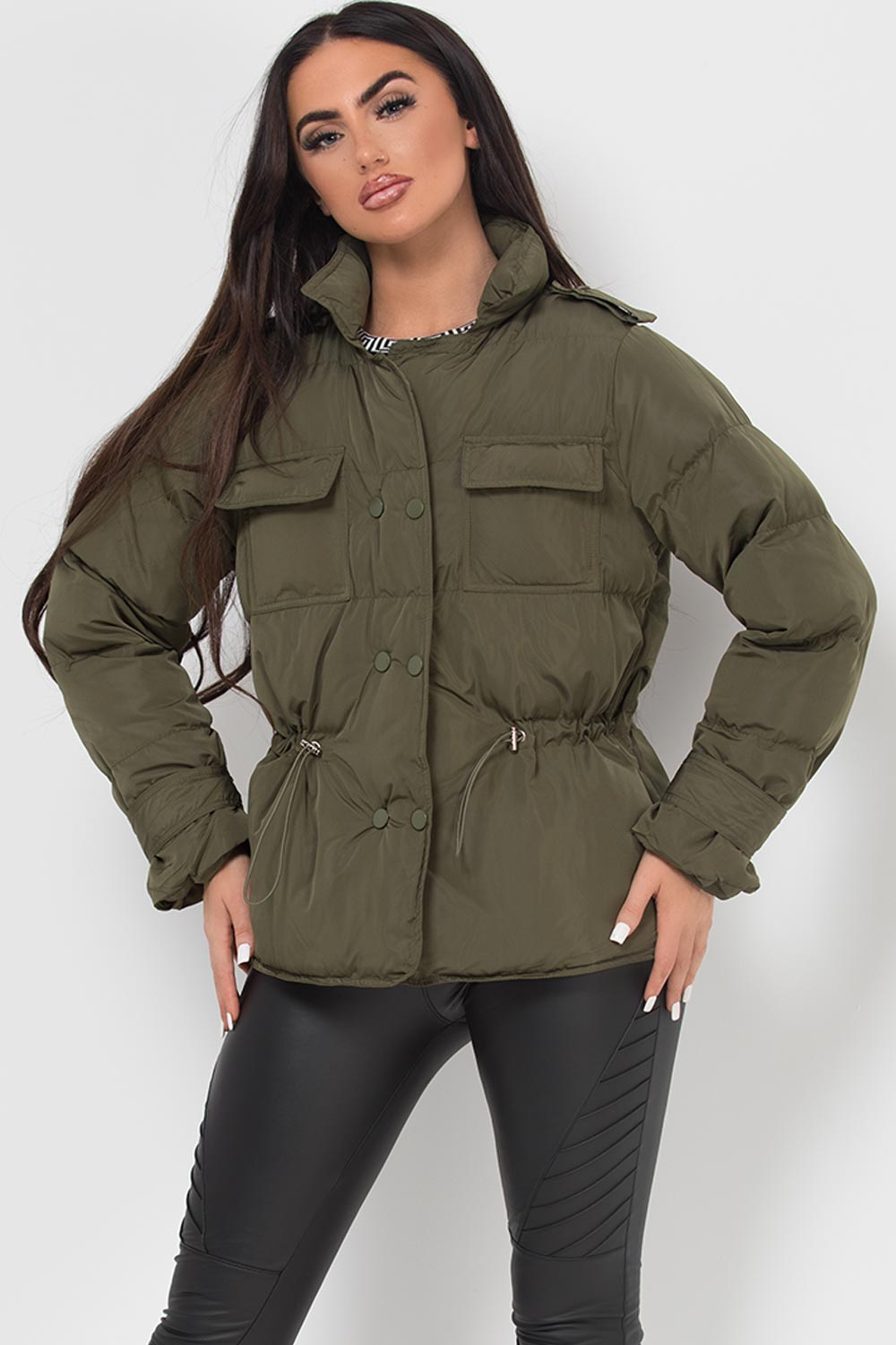 womens khaki puffer jacket with elasticated drawstring waist