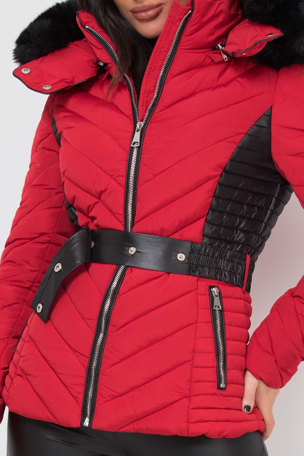 fur hood puffer jacket red