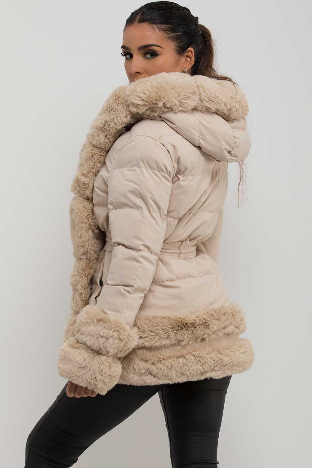 faux fur hooded padded puffer jacket with belt womens