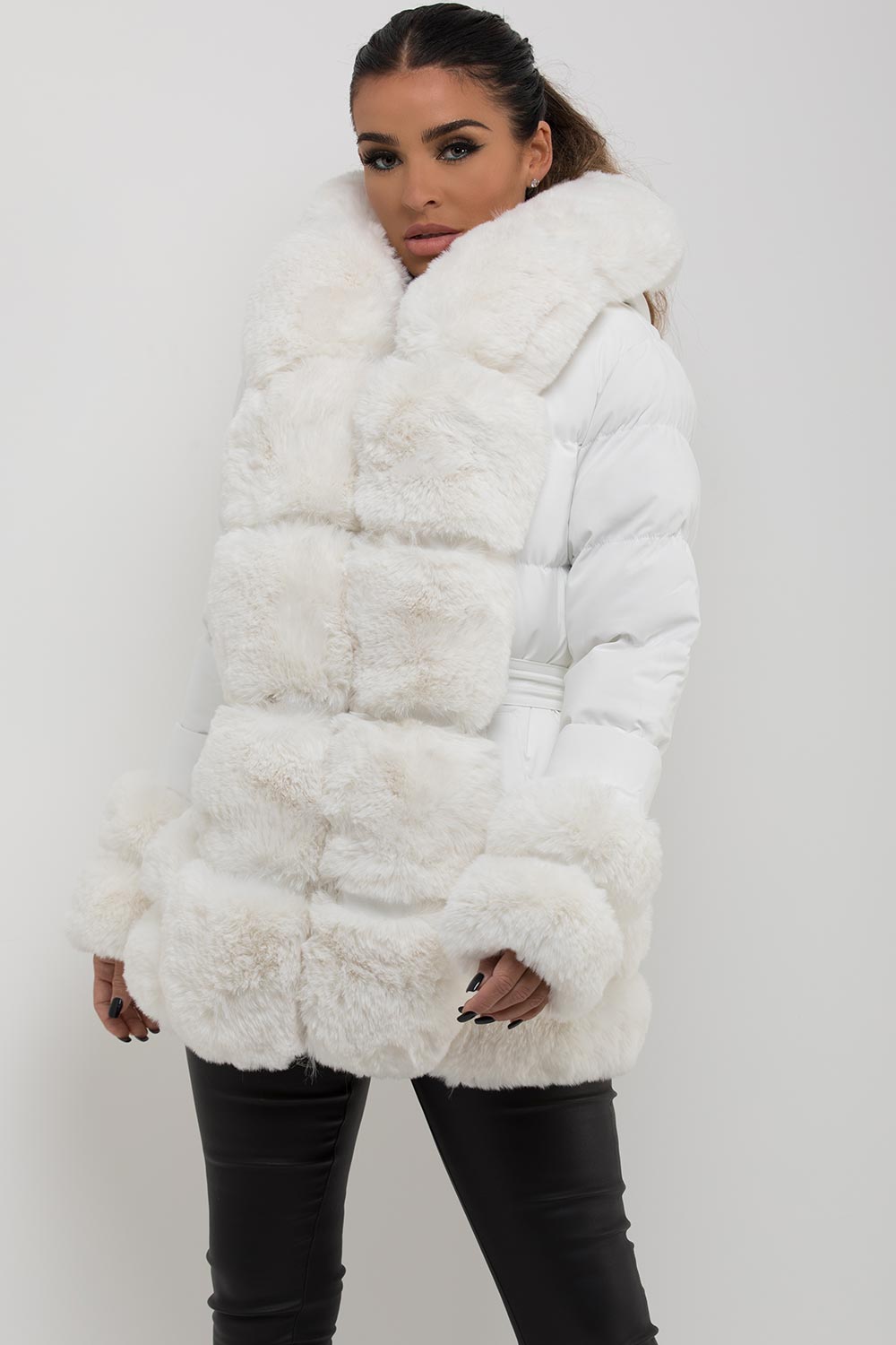 womens puffer jacket with fur hood cuff and trim