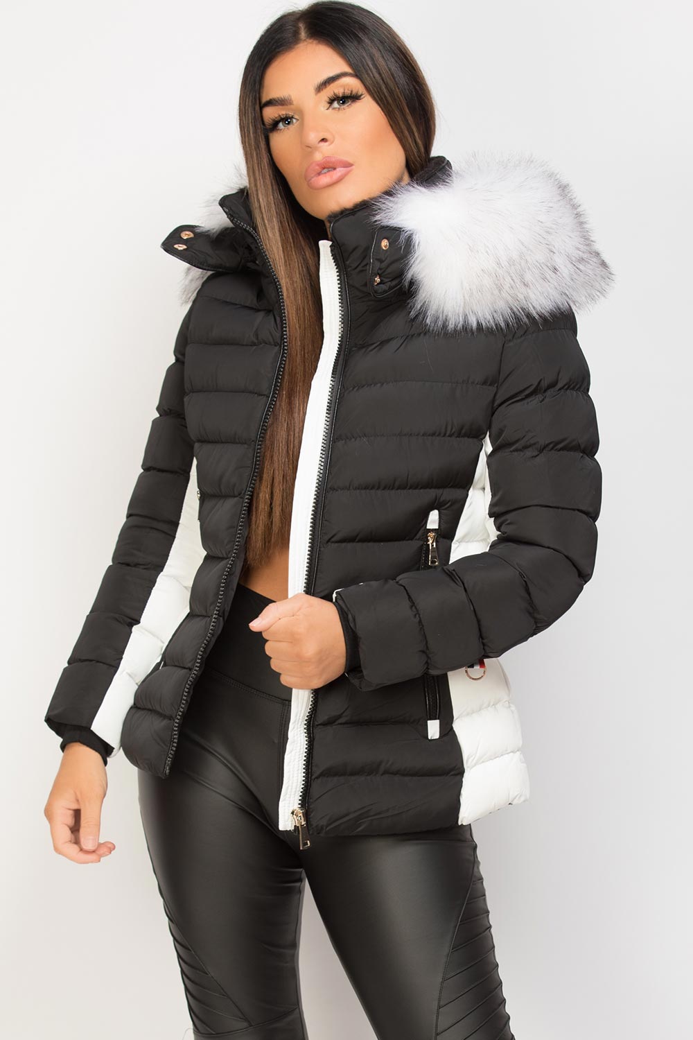 black and white faux fur hood puffer jacket