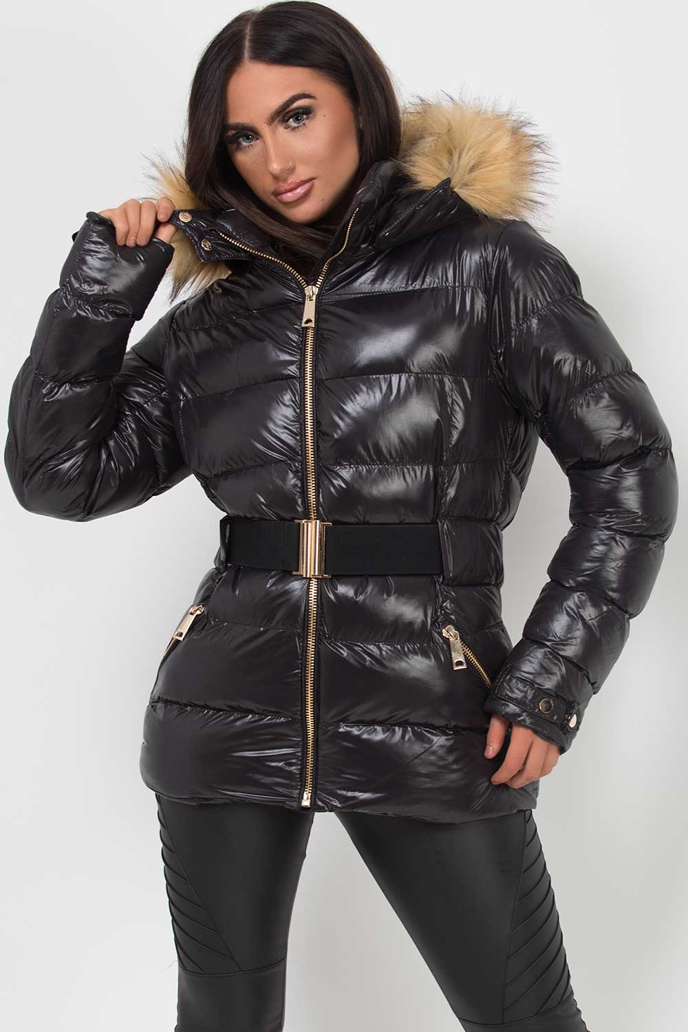 black shiny puffer padded quilted jacket