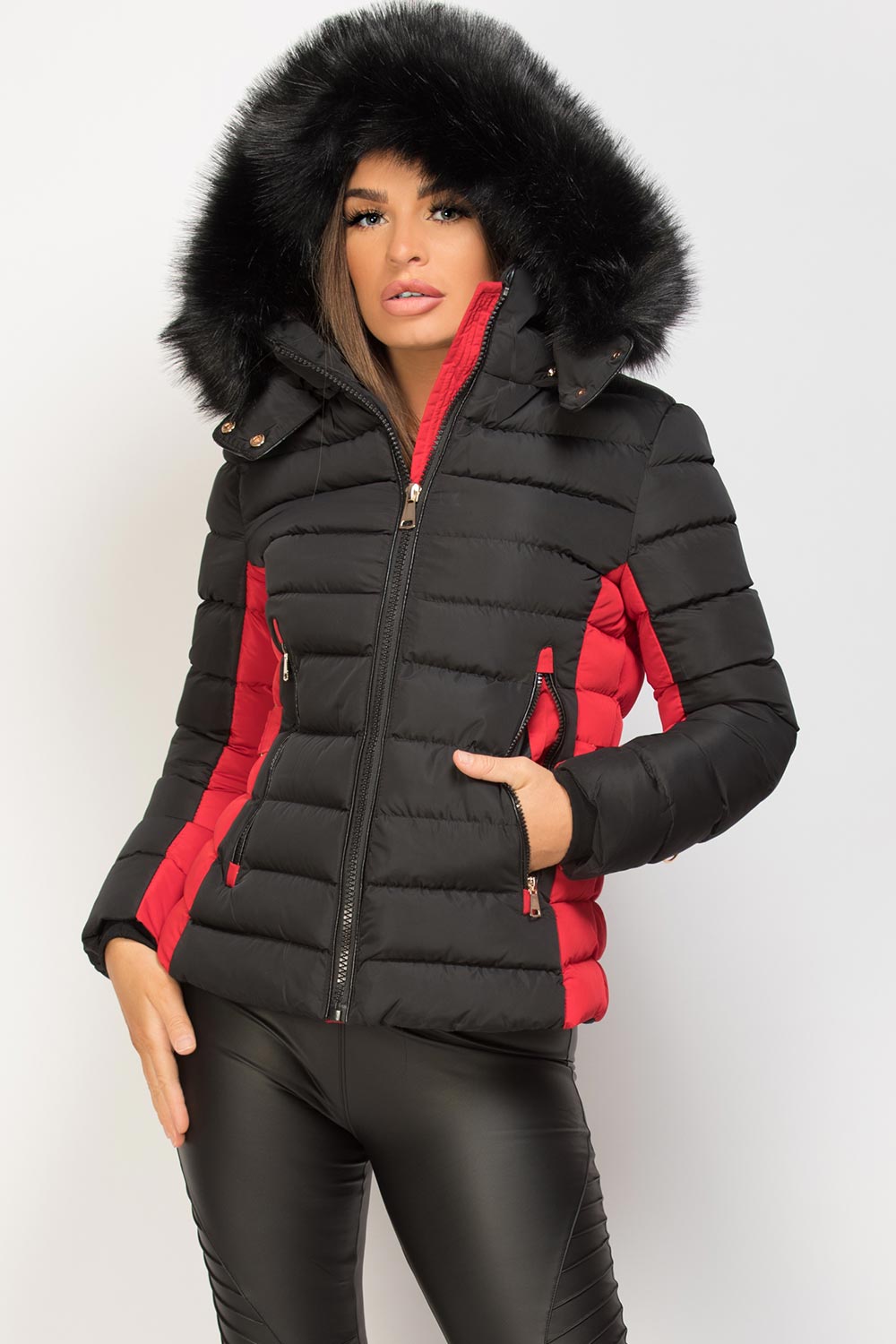 black puffer jacket with faux fur hood
