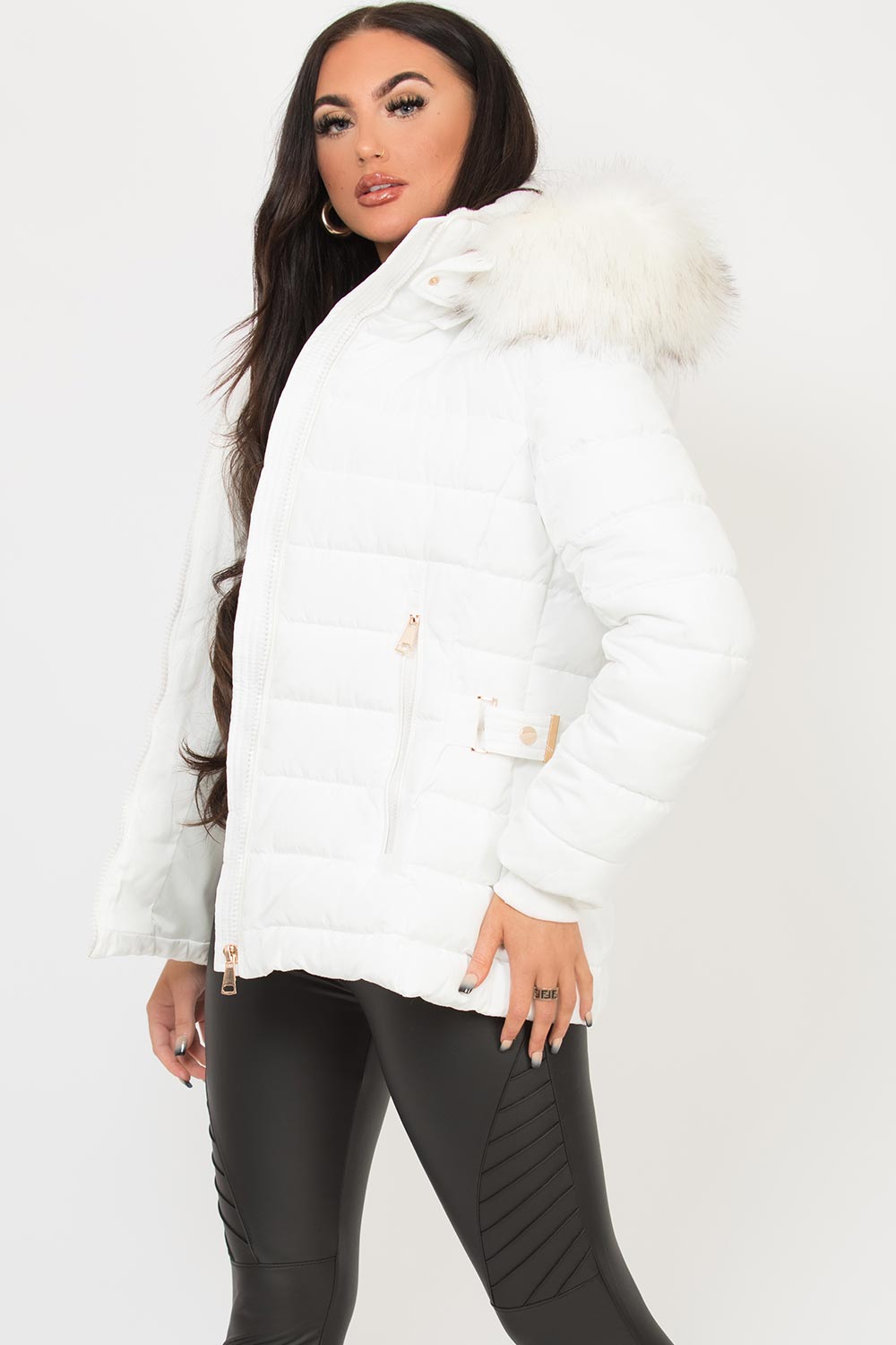 womens white faux fur hooded puffer jacket with belt