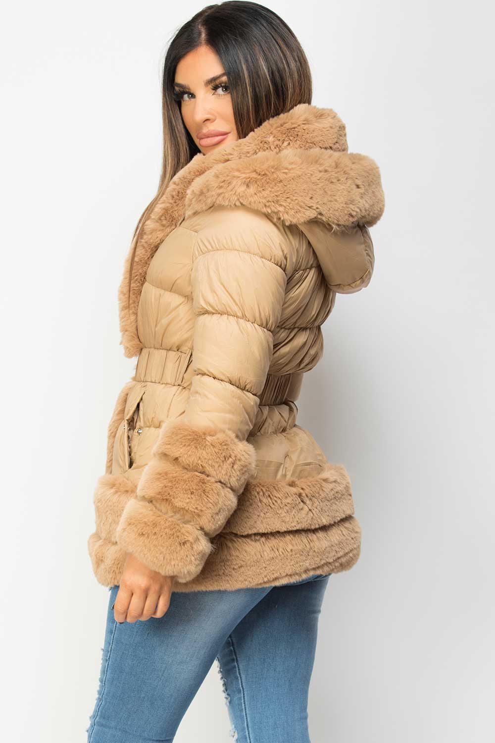 faux fur hooded puffer jacket camel