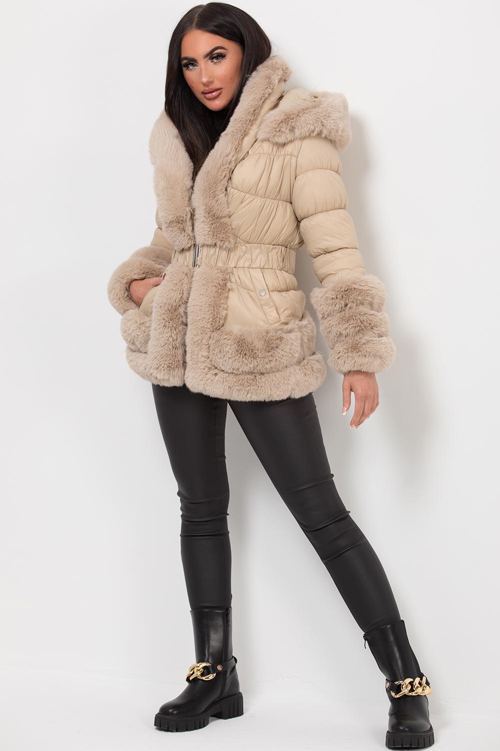 fur cuff trim hood puffer belted jacket