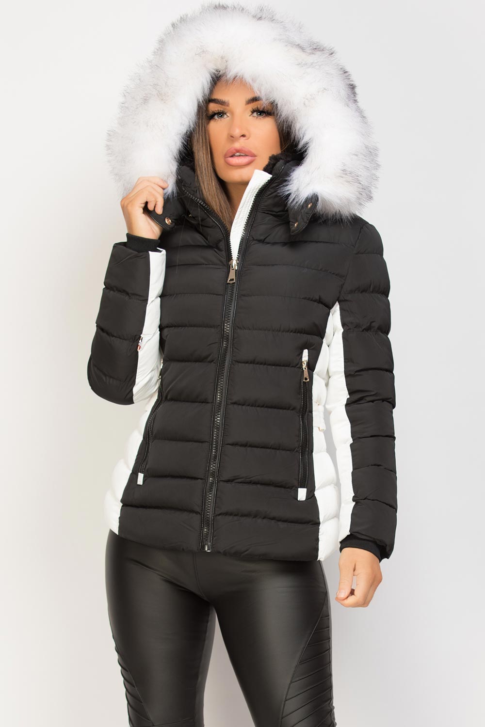 faux fur hooded puffer jacket black and white