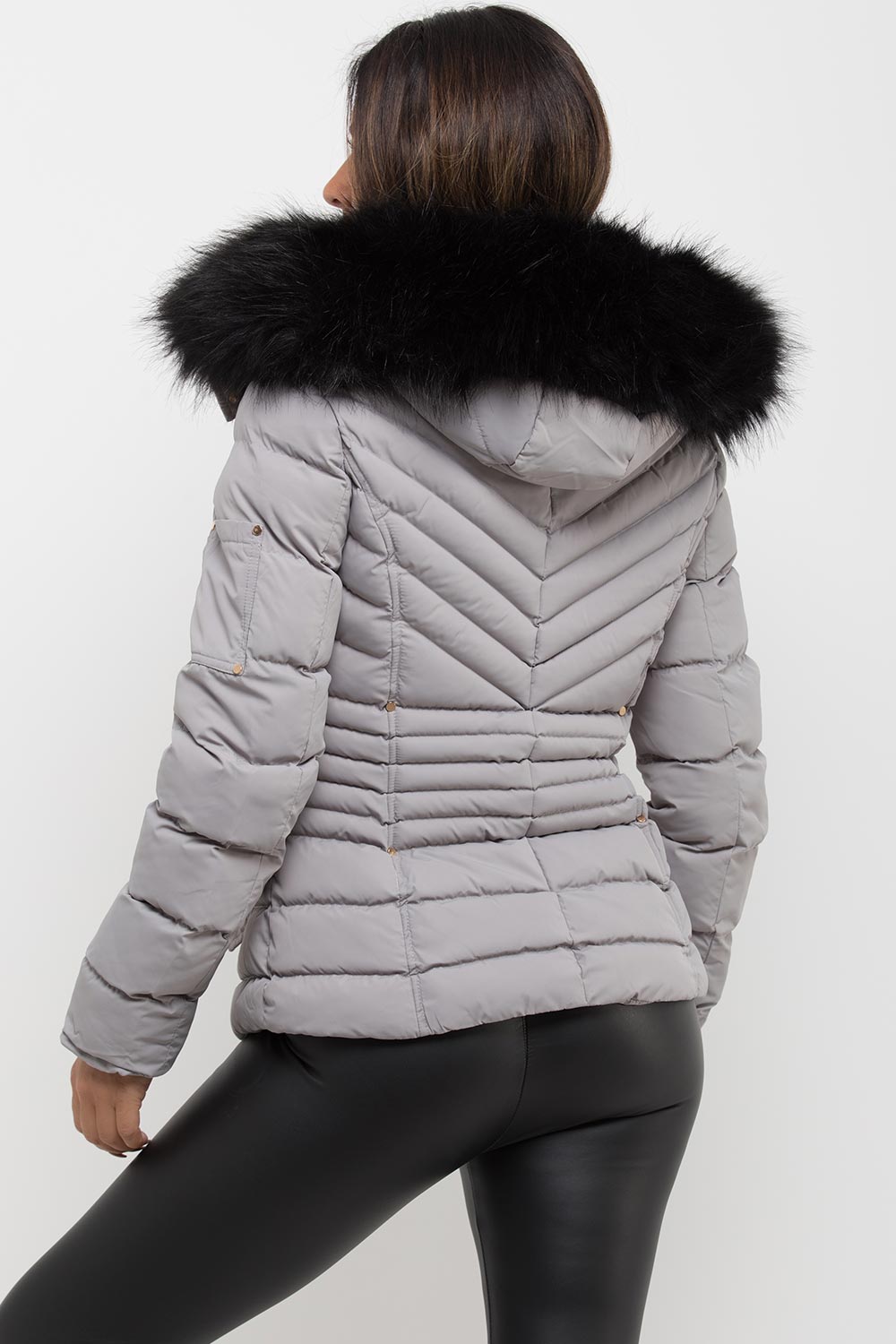 womens puffer padded jacket with fur hood for winter
