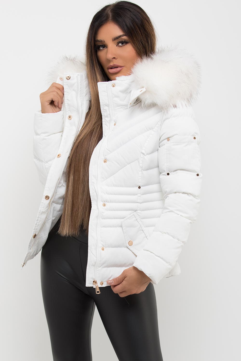 faux fur hooded white puffer coat
