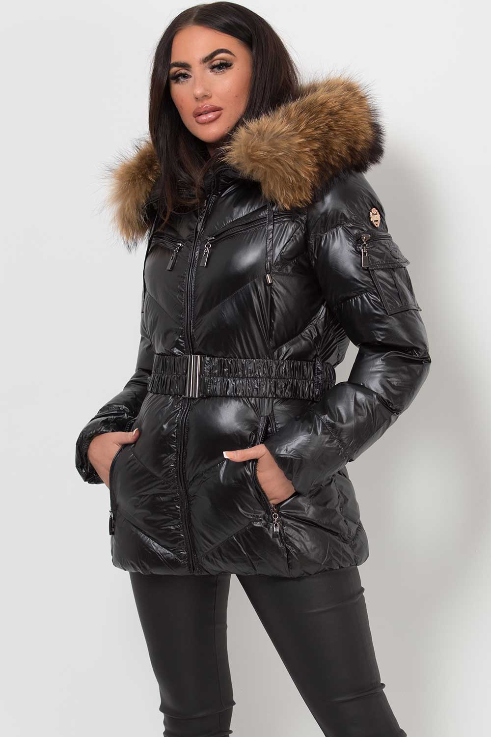 raccoon fur hooded puffer jacket with belt black