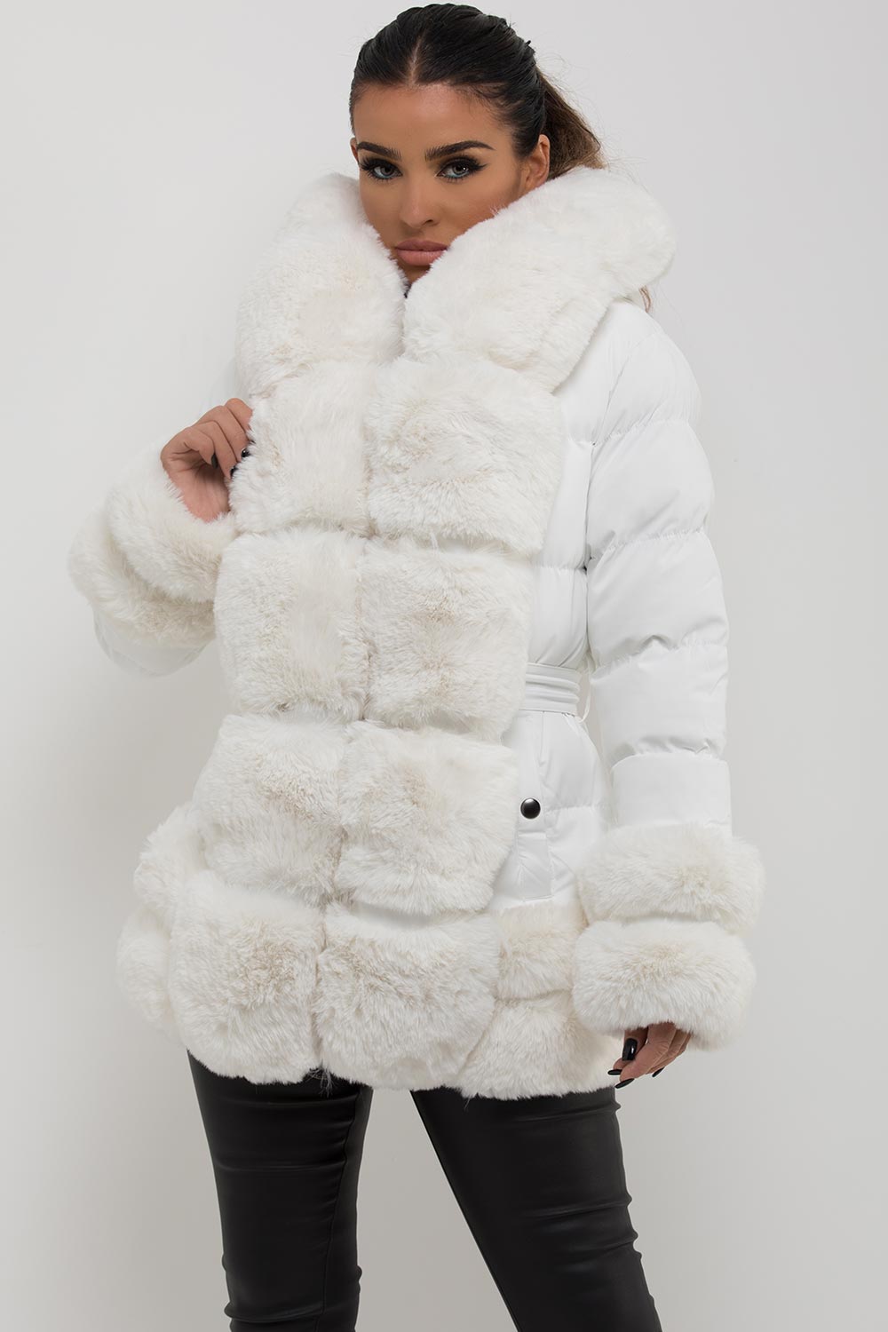 white puffer jacket with faux fur hood cuff and trim