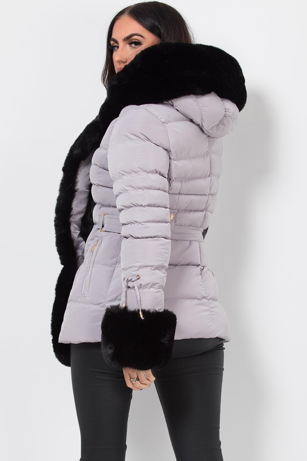 grey padded puffer jacket with faux fur hood