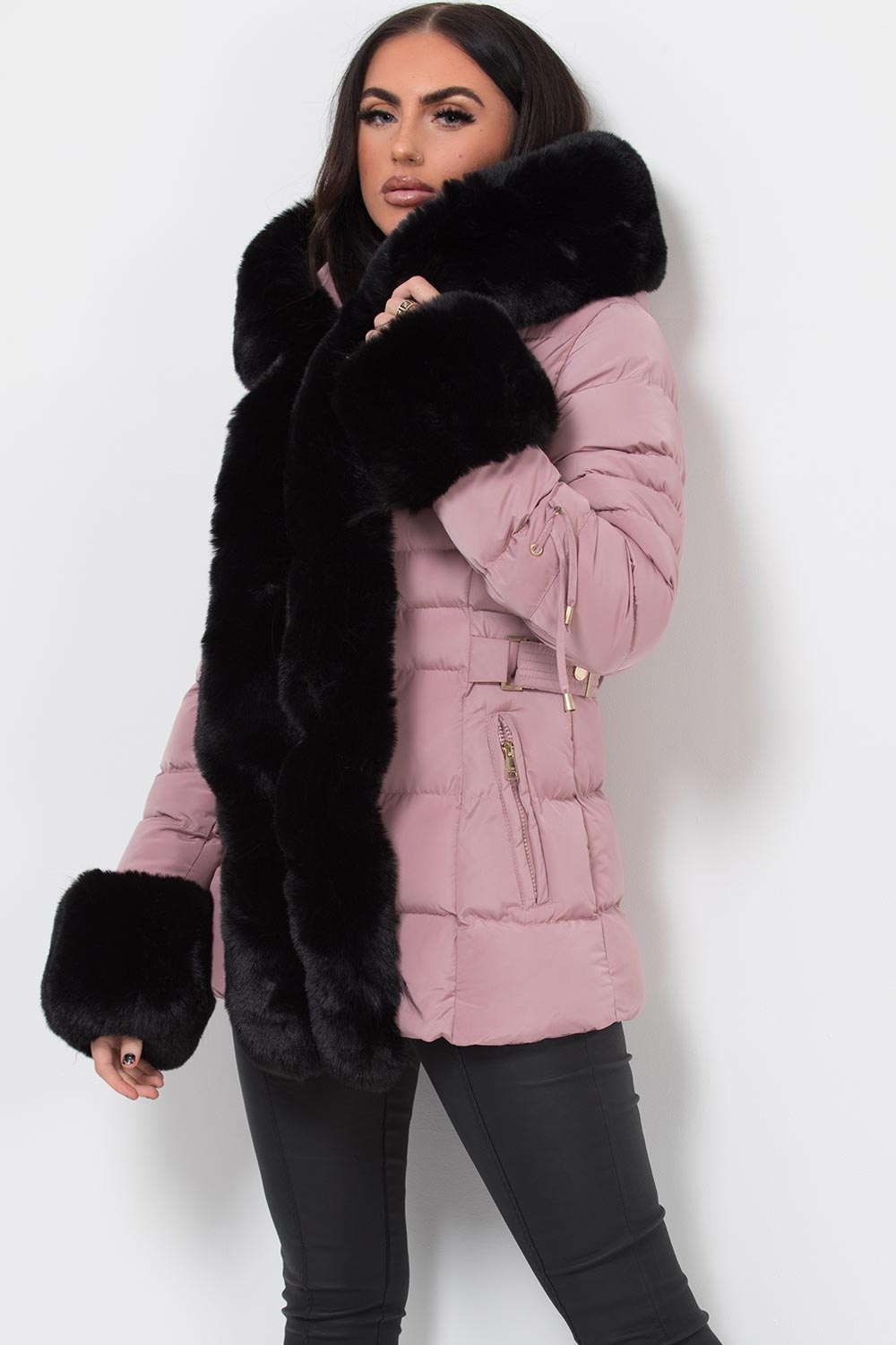 faux fur hooded puffer padded jacket womens