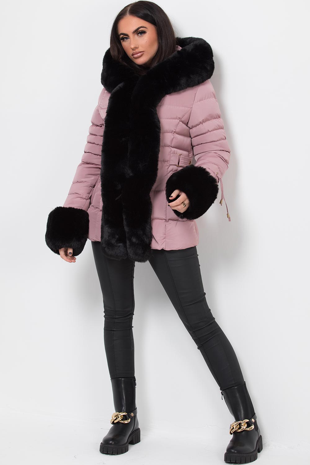 fur hood trim and cuff puffer padded coat womens