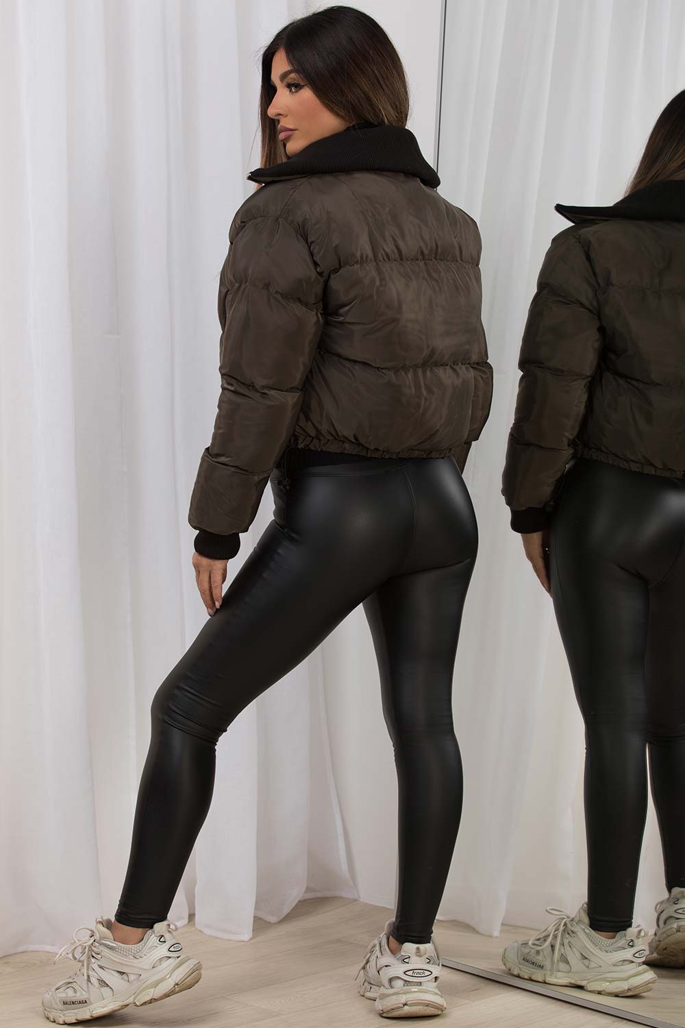 crop puffer padded jacket with rib collar womens