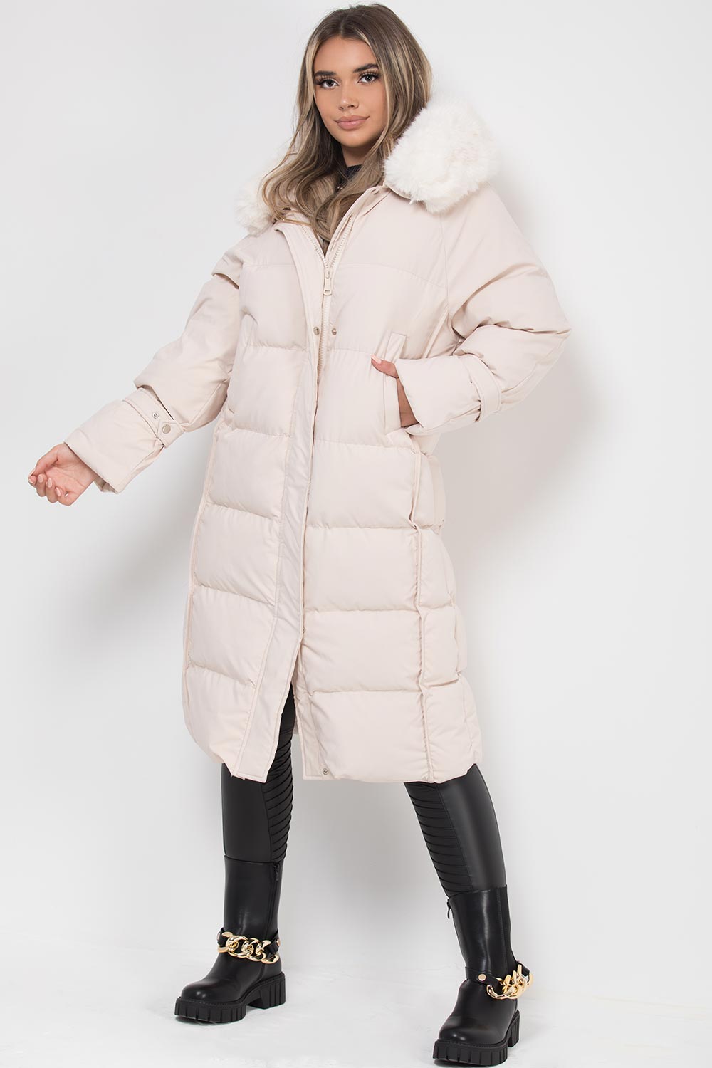 long puffer down duvet coat with faux fur hood