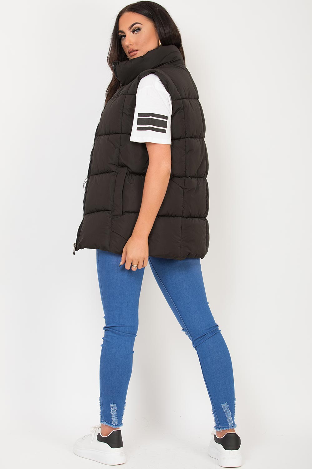 womens black puffer padded quilted gilet sleeveless jacket