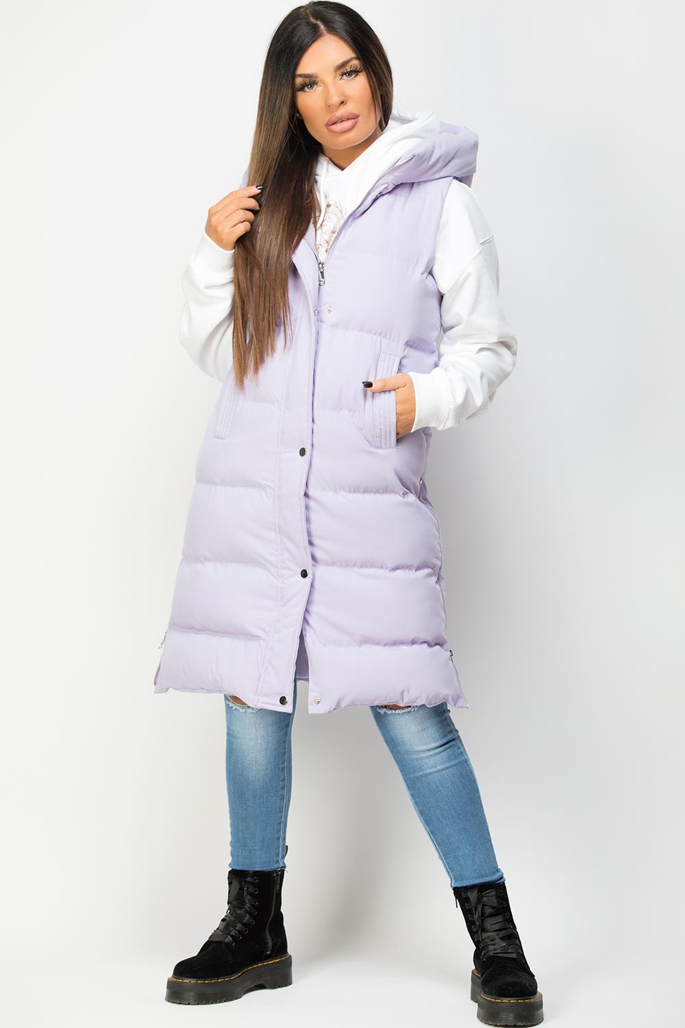 padded hooded gilet lilac