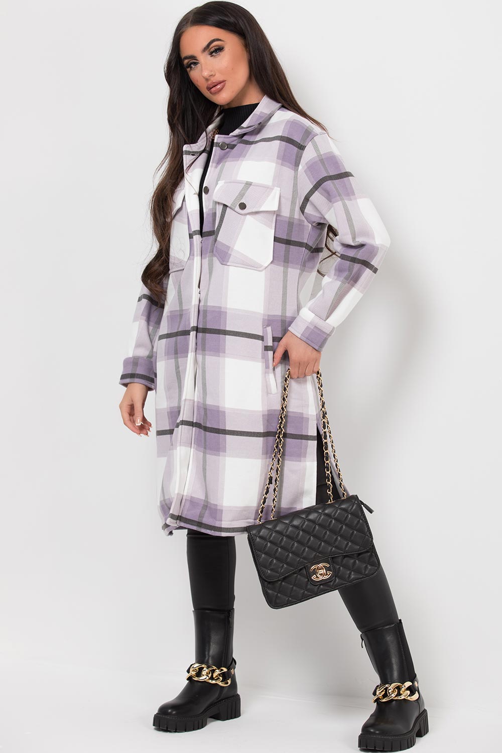 womens long purple check shacket