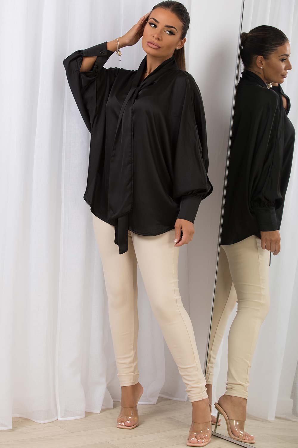 black long sleeve satin pussy bow blouse