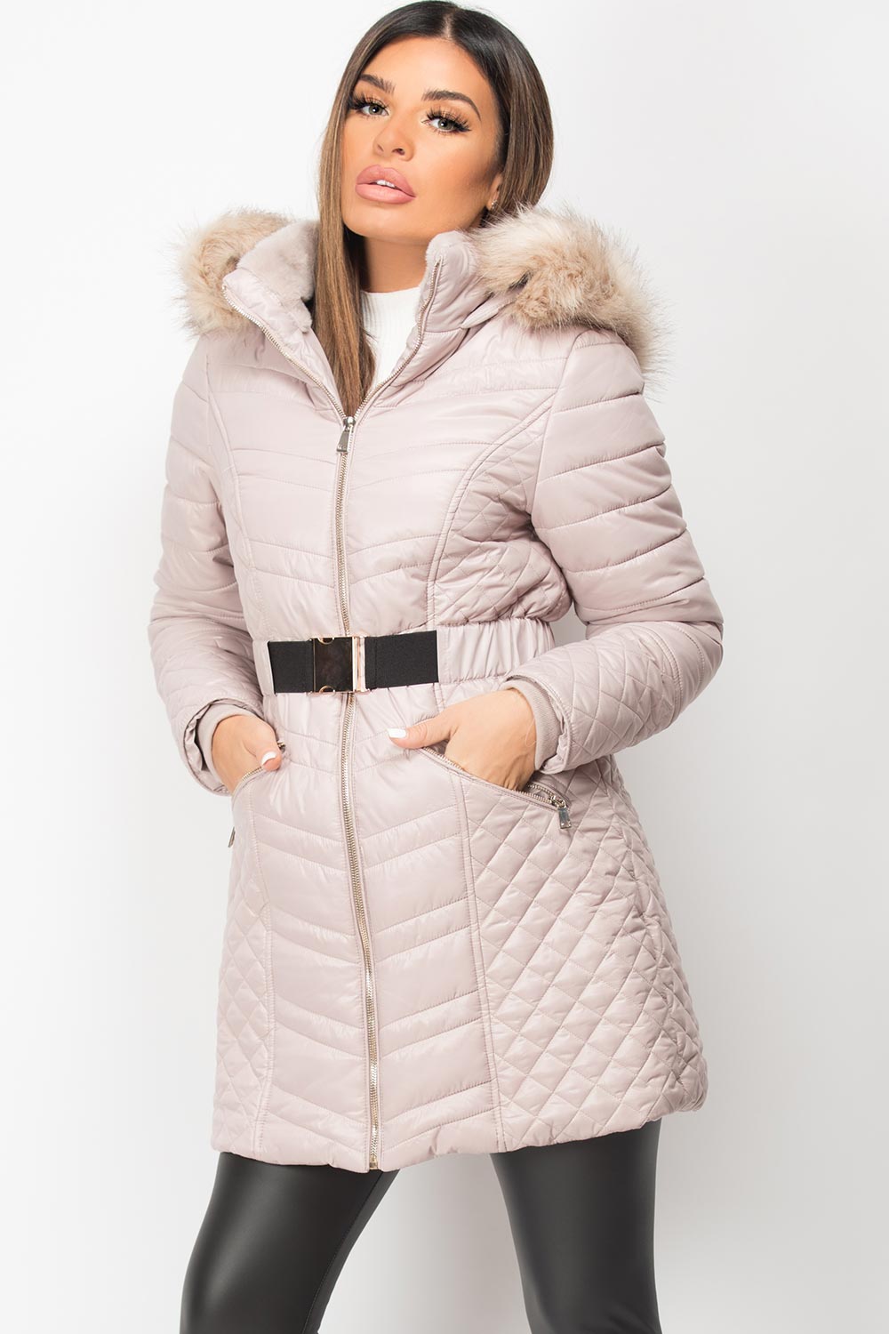 quilted padded puffer jacket with fur hood