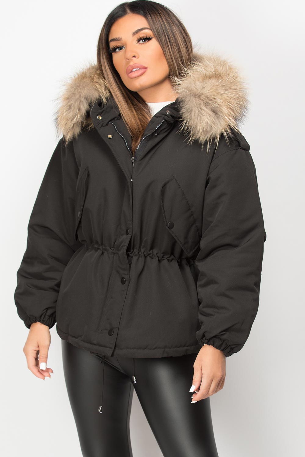 raccoon fur hooded parka coat womens