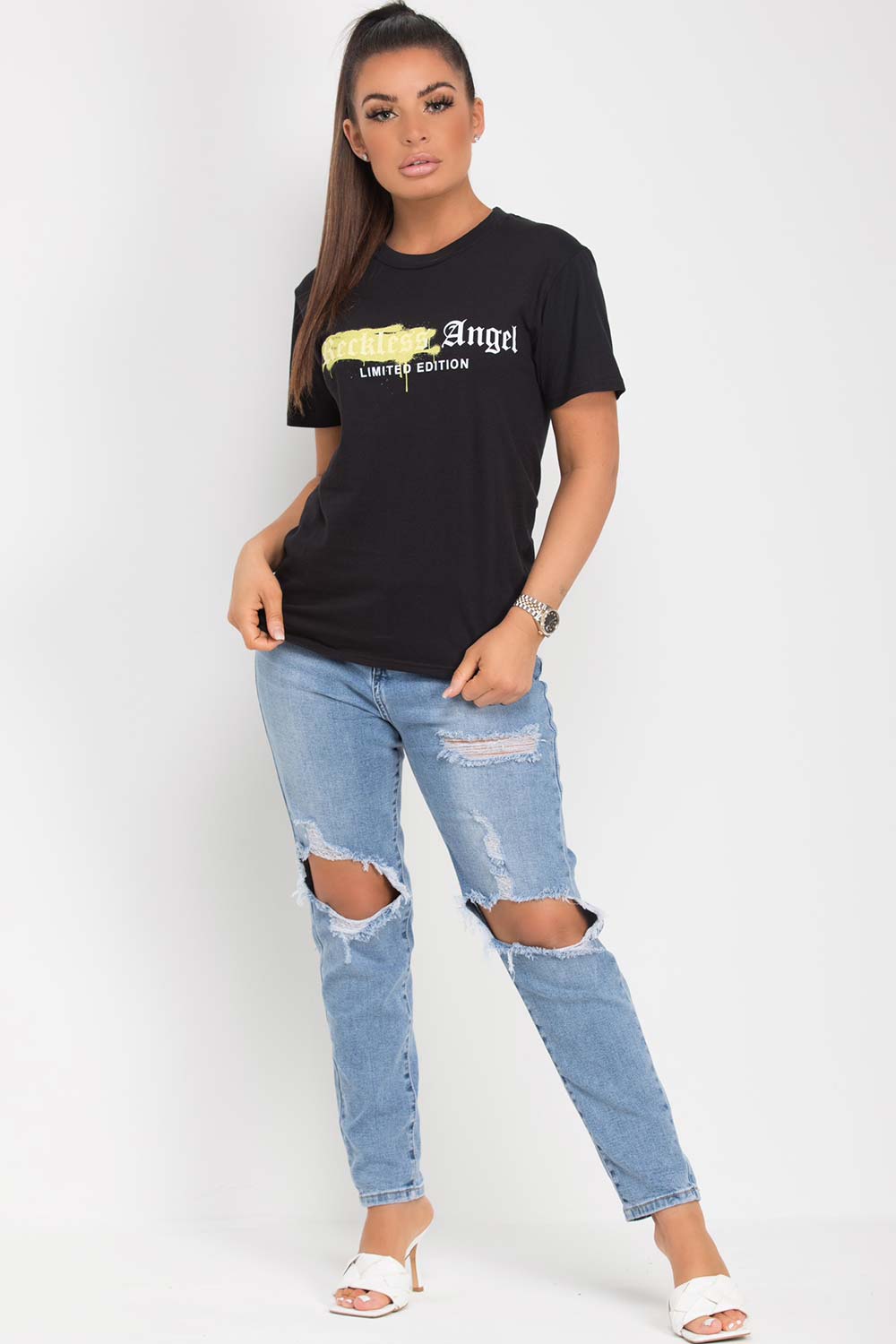 reckless angel limited edition slogan t shirt black