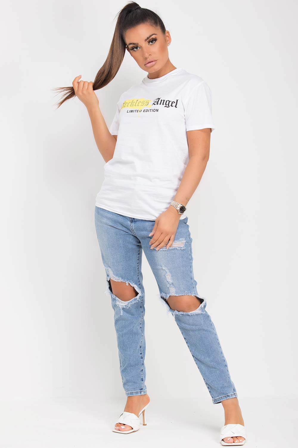 white t shirt with reckless angel slogan