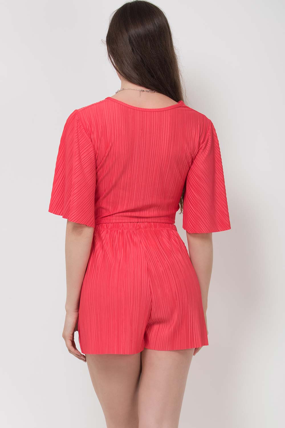 crinkle pleated shorts top two piece set red
