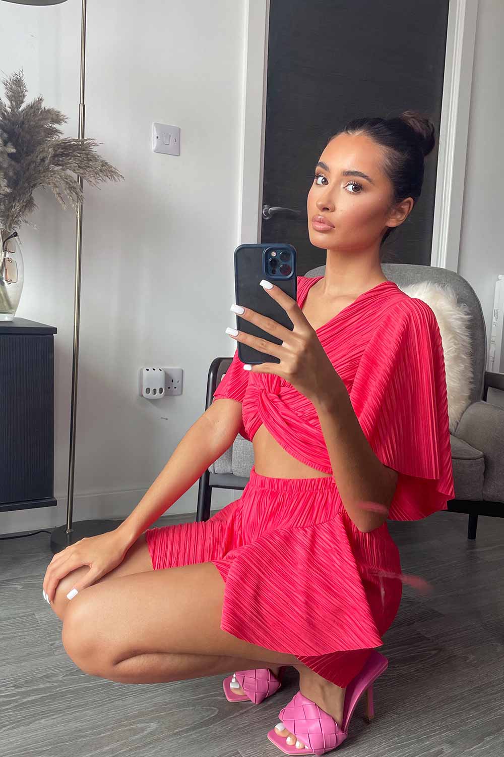 crinkle pleated skorts and twisted crop top set red