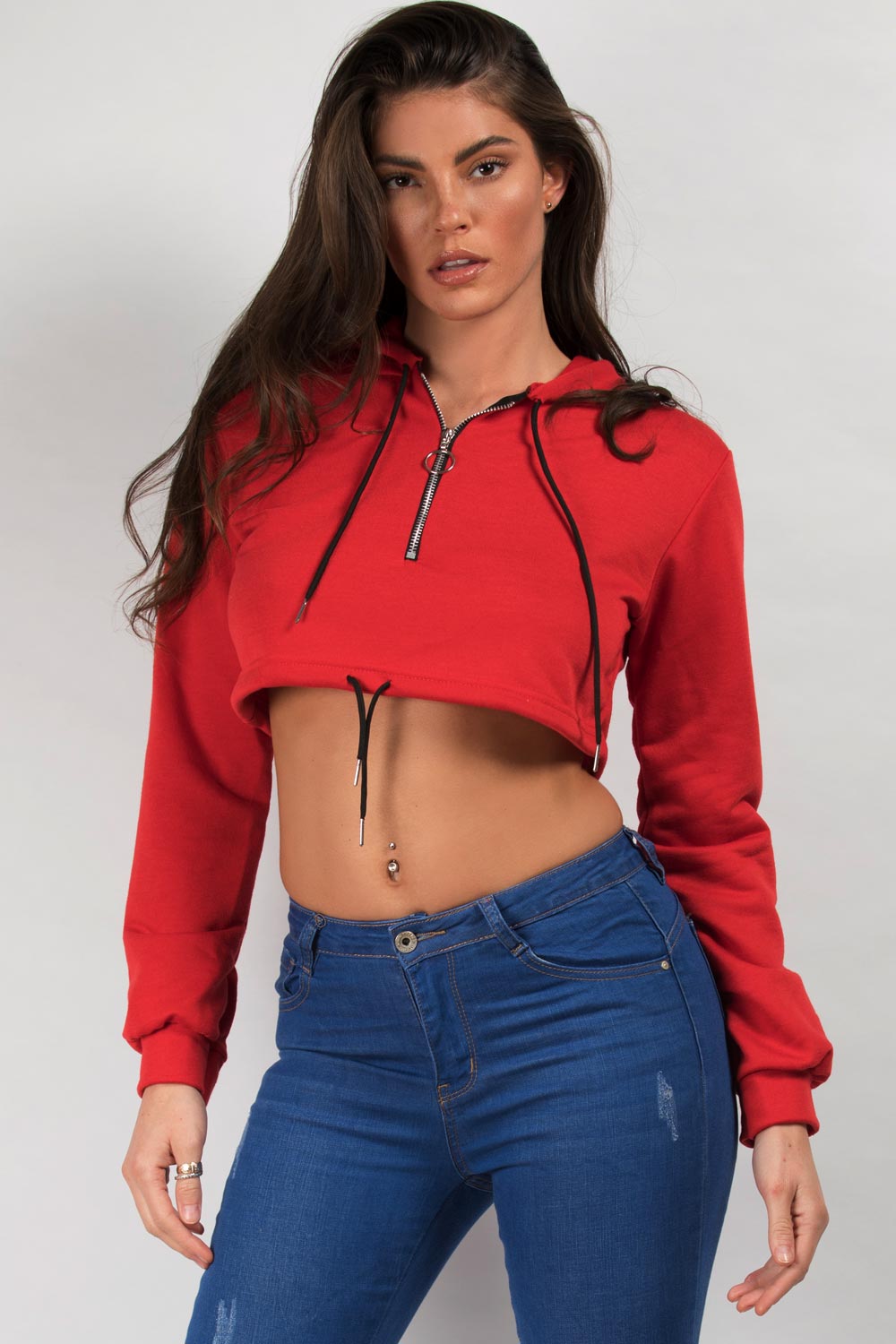 red crop zip hoodie