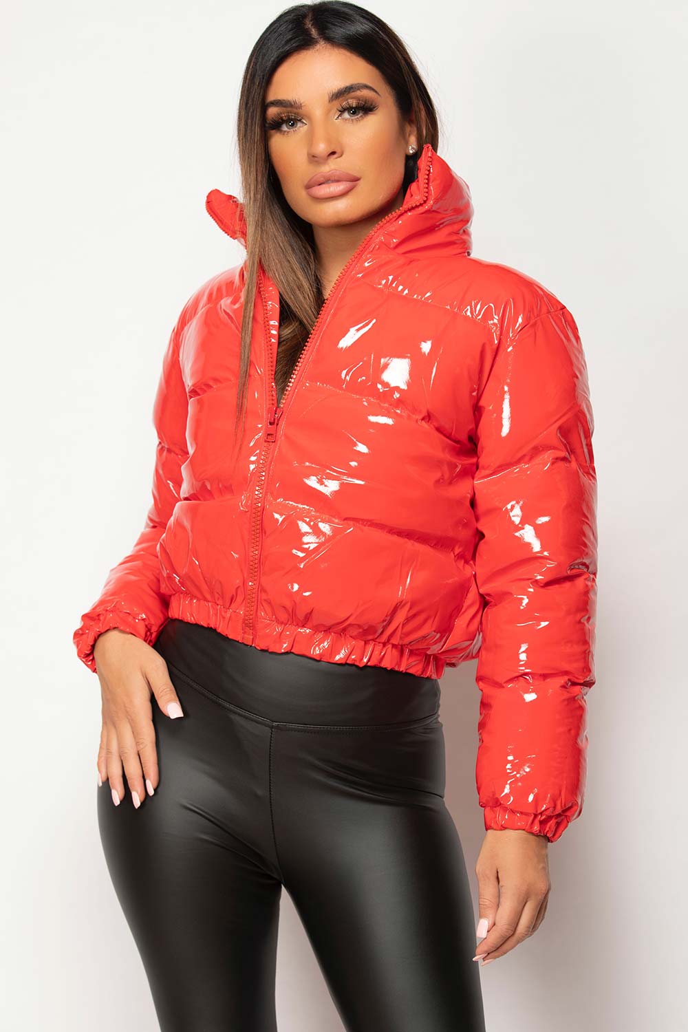 red cropped shiny puffer jacket