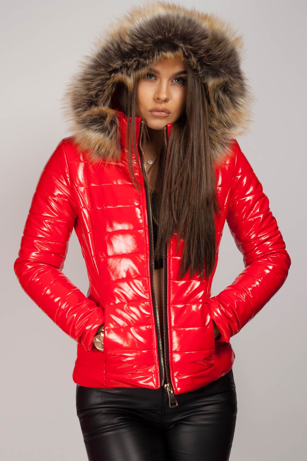 red puffer jacket with fur hood