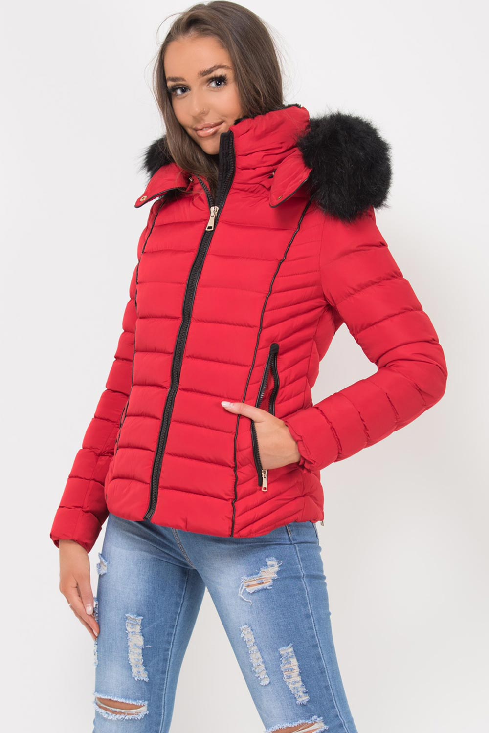 big faux fur hooded padded puffer jacket red
