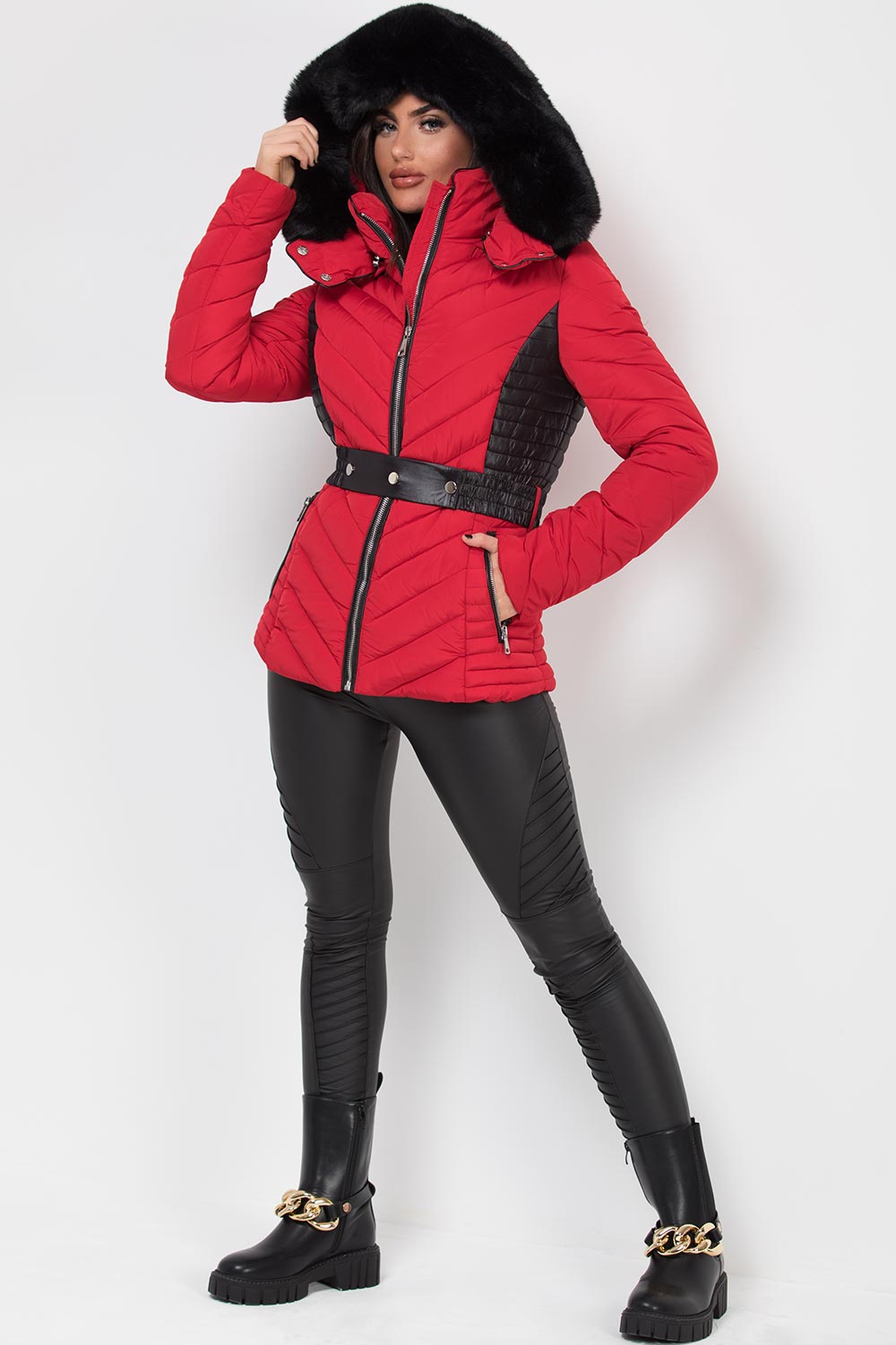 fur hood padded puffer jacket red