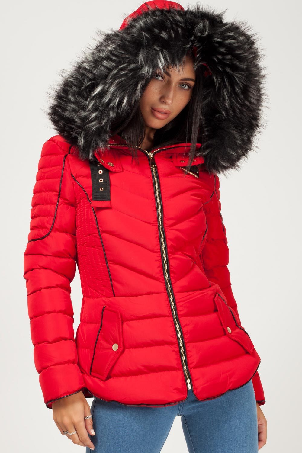 red puffer coat with fur hood womens