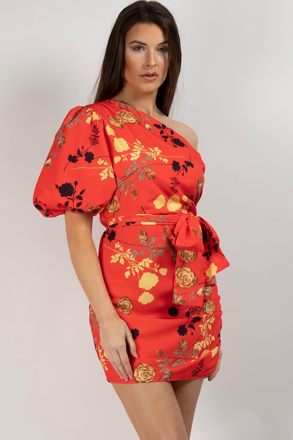 red floral mini dress with puff sleeves