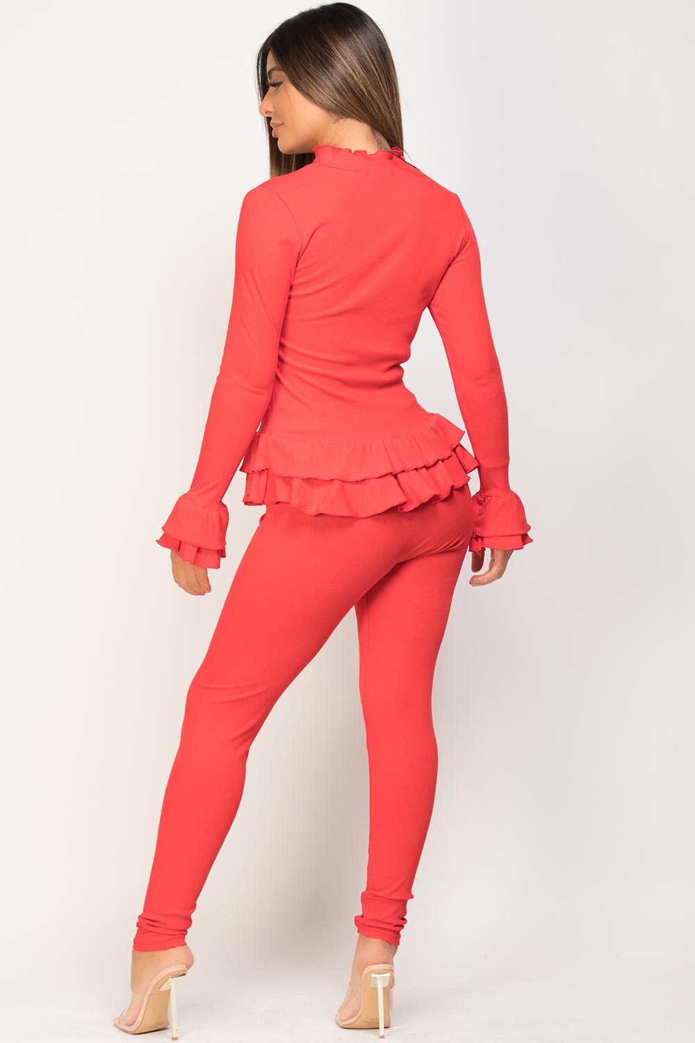 button front frill hem peplum loungewear set